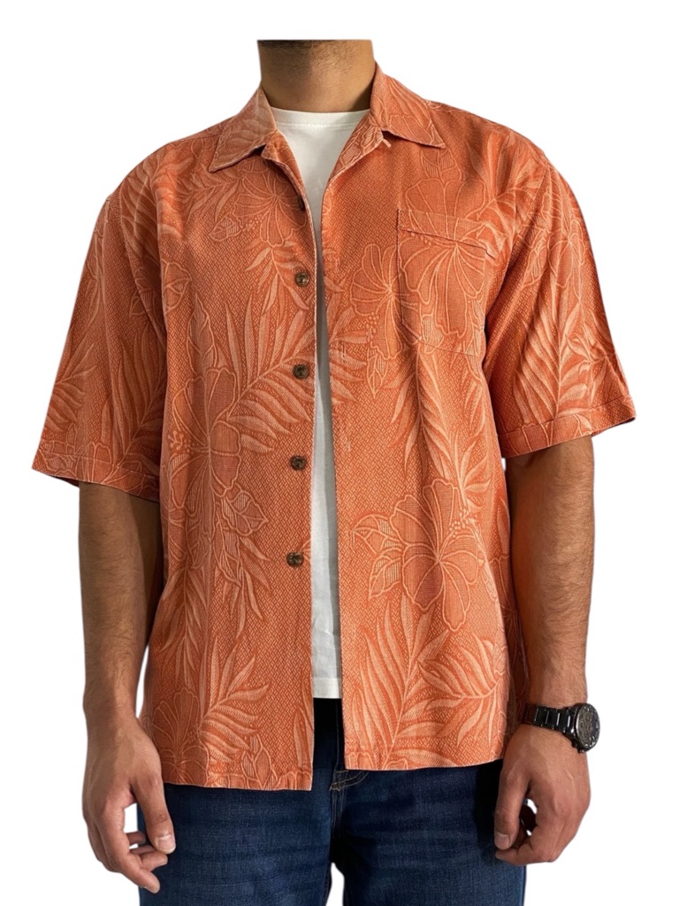 Jamaica Jaxx Silk Orange Hawaiian Tropical Floral Print Short Sleeve Shirt Xl